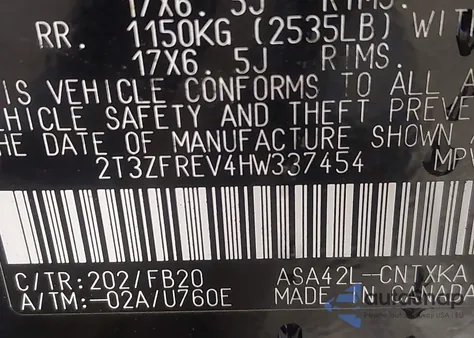 2017 Toyota Rav4 Le из США, поврежденный, VIN 2T3ZFREV4HW337454